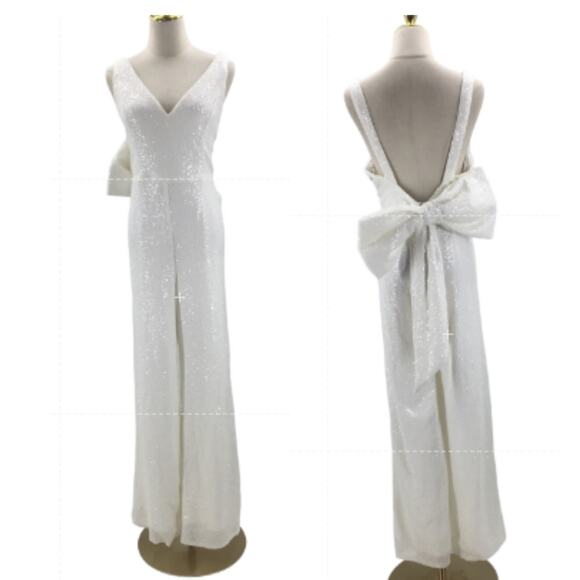 LULU'S XL Feeling Sparkly White Sequin Bow Backlesss Wide-Leg Jumpsuit NEW B120 - Picture 2 of 12